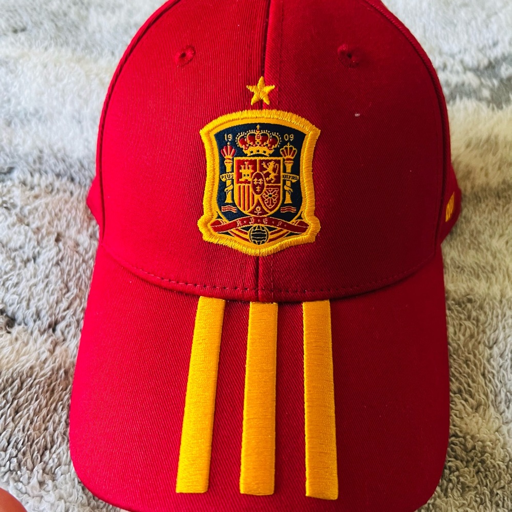 Adidas Red and Yellow Hat with Signature Stripes
